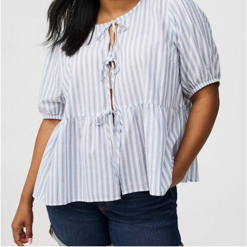 Torrid Blue and White Peplum Blouse with Tie Front
